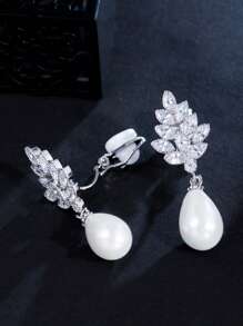 1 Pair Sparkling White CZ Leaf Dangling Pearl Non-Pierced Ear Clips Earrings For Women Without Ear Holes, Jewelry For Brides, Engagement, Wedding, Bridal, Banquet, Party, Prom, Pageant, Bridesmaids, High Quality Accessories - 1 Pair Clip On Earrings - View 6