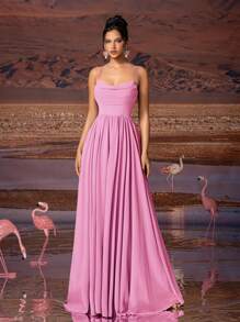AOSHABABI 女士优雅雪纺荷叶边吊带长裙，正式礼服，适合各种正式场合，如宴会、婚礼、音乐节、节日派对、毕业舞会、鸡尾酒会、约会、度假、伴娘礼服，也适合晚宴、婚礼宾客、情人节等场合，春季粉色 - 粉色 - 查看 4