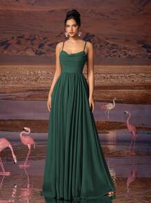 AOSHABABI 橄榄绿色纯色褶皱雪纺优雅女士晚礼服适合所有正式场合、庆典、婚礼嘉宾、音乐节、节日派对、毕业典礼、鸡尾酒会、约会、度假和伴娘、派对礼服 - 墨綠色 - 查看 5