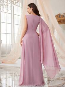 SUPGIR V-Neck Beaded Embroidery Sequin Ruched Batwing Sleeve Split Hem Chiffon Party Dress, Bridesmaid Dress - Pink - View 2