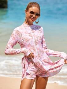 YEMUXLY Traje de baño de una pieza con mangas largas y cobertura completa, con estampado floral en toda la prenda, protección UV para la playa