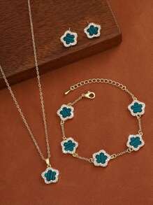 3pcs/Set Style Five-Leaf Flower Earrings Necklace Bracelet Jewelry Set - Fashion Lucky Flower Jewelry Set Suitable For Daily Wear Christmas New Year Valentine's Day Holiday Gift