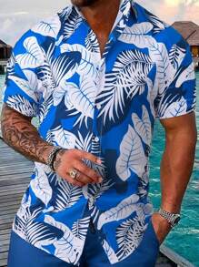 Hawaiian Shirt Men Floral Printed Button Up Short Sleeve Shirts, Summer Blue , For Vacation, For Boyfriend Gift - Multicolor - View 1
