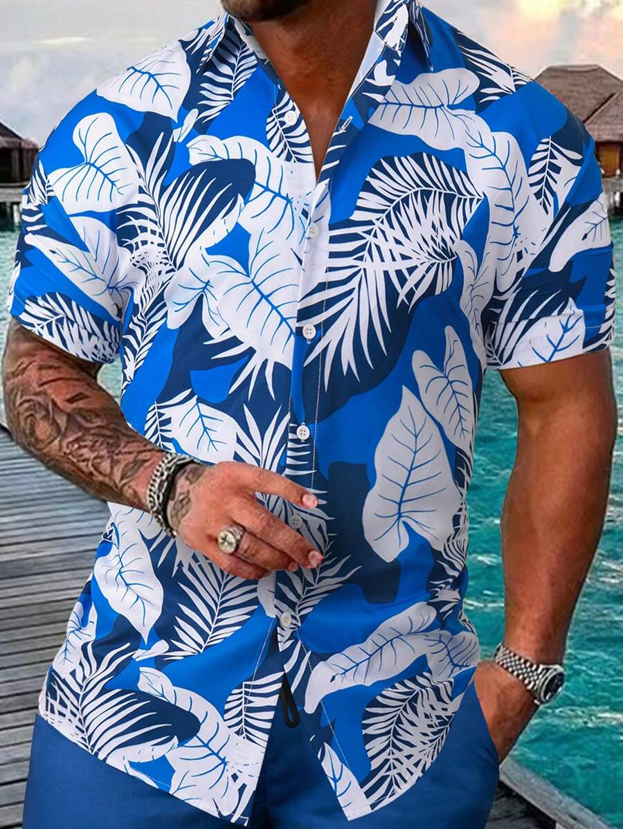 Hawaiian Shirt Men Floral Printed Button Up Short Sleeve Shirts, Summer Blue , For Vacation, For Boyfriend Gift - Multicolor - View 1