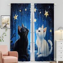 2pcs Set, Dreamy Navy Blue, Cute Black & White Cat Pattern With Star Accents, 3D Digital Printing, Suitable For Living Room, Bedroom, Balcony, Study And Other Home Insulation Curtains