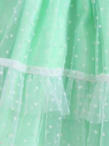 Vestido de princesa para bebé niña, sin mangas, con tirantes anudados, lunares suizos, volantes y tul. Conjunto de verano para niña pequeña. - Verde - Ver 8