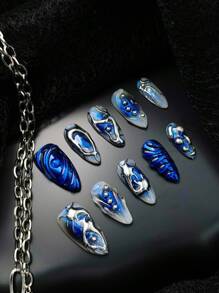 邂逅惊喜！手工按压式假指甲。十枚手工水滴形假指甲。未来感十足的赛博风格，蓝银交织的虹彩立体图案。 - 彩色 - 查看 2