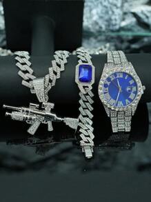 1 Set Men's Personalized Alloy Rhinestone Embellished Rifle Pendant Necklace, Gemstone Bracelet, Watch, European & American Stylish Hip-Hop Accessory, High-End Gift Box - Gun Set - View 25