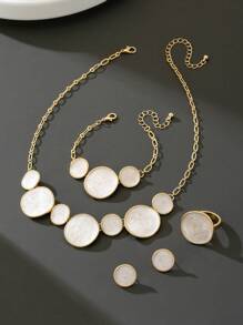 1pc Women White Geometric Pendant Necklace,1pc Bracelet,1pc Ring,1 Pair Earrings, Jewelry Set - White - View 2