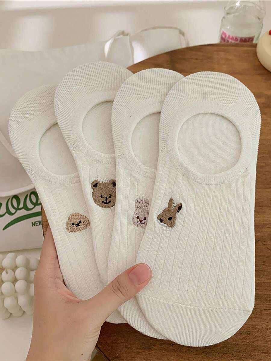 4 Pairs Women's Cute Cartoon Fun Animal Pattern Boat Socks White Solid Color Sweet Simple Versatile Low-Cut Invisible Socks Summer Comfortable Breathable