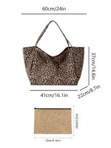 大码时尚豹纹手提包，含卡其色亚麻布收纳袋，大容量单肩包，时尚豹纹设计，可用作零钱包、化妆包、刷具收纳包、便携收纳包，通勤必备，学生包，大容量，便携，适合女大学生、白领、上班族、返校季、初中、高中、大学及度假等场合。新款秋冬猎豹纹女士钱包 - 彩色 - 查看 11