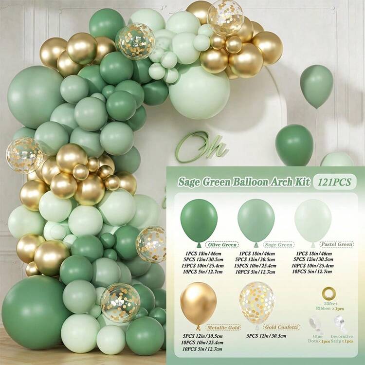 五彩纸屑、灰蓝色、鼠尾草绿、金属金色加厚乳胶气球拱门套装，适用于波西米亚风婴儿派对、丛林主题生日派对、婚礼、订婚、一周岁生日派对装饰 - 如圖所示(混色) - 查看 14