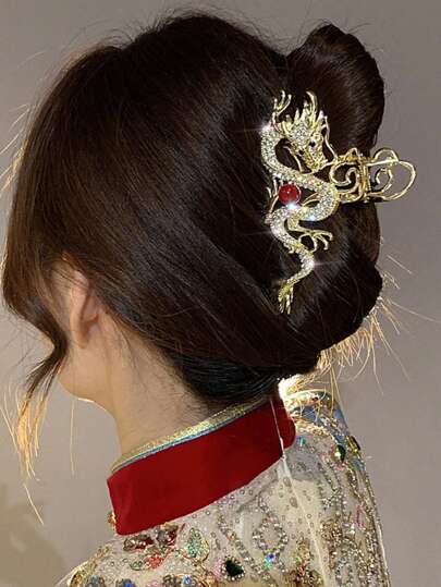 1 件中国风水钻仿珍珠龙形发夹，民族风时尚百搭复古发爪发饰，适合中国新年、情人节、母亲节、返校节、复活节和其他节日发夹发夹发夹发夹接发夹，爪夹秋冬发饰女士度假装扮女士