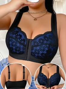 Plus Size Women's Fashion Lace Front Closure Wireless Bra - Multicolor - View 1