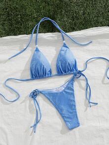 New Stylish European And American Women Two Pieces Bikini Swimwear Set - Baby Blue - View 7