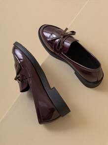 Women's Solid Color Bow & Tassel Bow Slip-On Loafers, Breathable Flat Shoes - Burgundy - View 4
