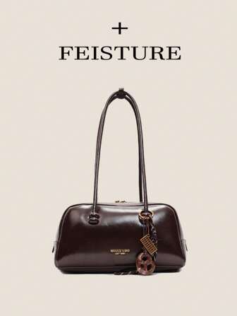 1pc FEISTURE Faux Leather PU Bowling Bag, Fashion Shoulder/Underarm Bag For Women (Follow The Store To Get A Braided Ornament), Zip Closure, Suitable For Girls, Ladies, Students, Fresh Graduates And Office Workers, Great For Work, Business, Commute And School