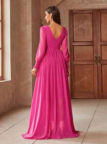 Vestido maxi de mujer con cuello en V, mangas farol y decoración floral 3D en un solo color, vestido elegante de dama de honor