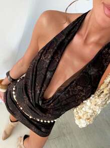 性感动物印花 V 领露背连衣裙优雅复古无袖露背迷你连衣裙女士度假派对装 - 棕色 - 查看 4