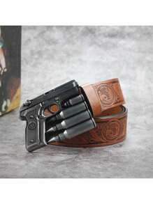 3.7cm Wide Revolver Buckle Western Cowboy Style Bull Head Belt Buckle For Men And Women, Smooth Buckle With Pattern Print And Round Hole Design Halloween Summer, School Fall, Autumn, Halloween - Multicolor - View 46