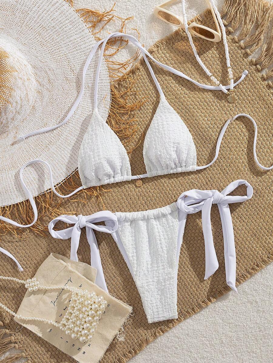 全新柔软纯色金属吊坠装饰性感海滩女士吊带系带派对比基尼套装，女士夏季海滩时尚比基尼 - 白色 - 查看 1
