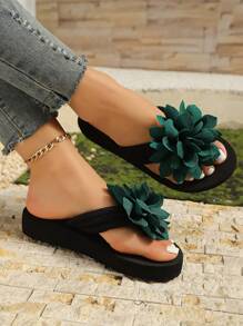 Summer Flower Flip Flops] Women's Flower Decor Flip Flops, Casual Summer Shoes, Lightweight Slip On Beach Shoes - Green - View 3