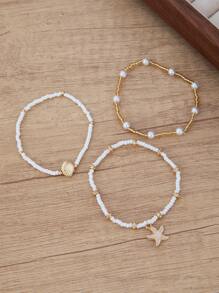 Conjunto de 3 piezas de tobillera con cuentas de perlas falsas, con dijes de estrella de mar y concha dorada, adecuado para uso diario y de vacaciones