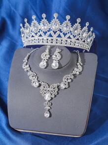 4 件优雅奢华巴洛克水晶皇冠项链耳环配饰套装，新娘婚礼头饰，女士派对活动成人礼物皇冠项链耳环