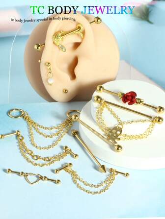 14G 工业杠铃耳环不锈钢长软骨螺旋海螺身体穿孔首饰混合风格蛇花链