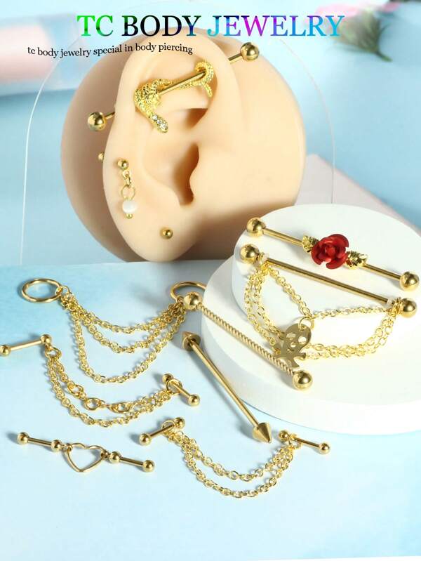 14G Brincos de Barra Industrial Aço Inoxidável Longo Cartilagem Hélice Concha Body Piercing Jóias Mix Estilo Cobra Flor Corrente