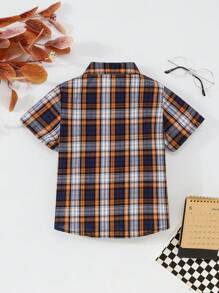 男童格子印花领衬衫+蝴蝶结，夏日派对，度假，学校，休闲，短袖日常穿着 - 彩色 - 查看 2