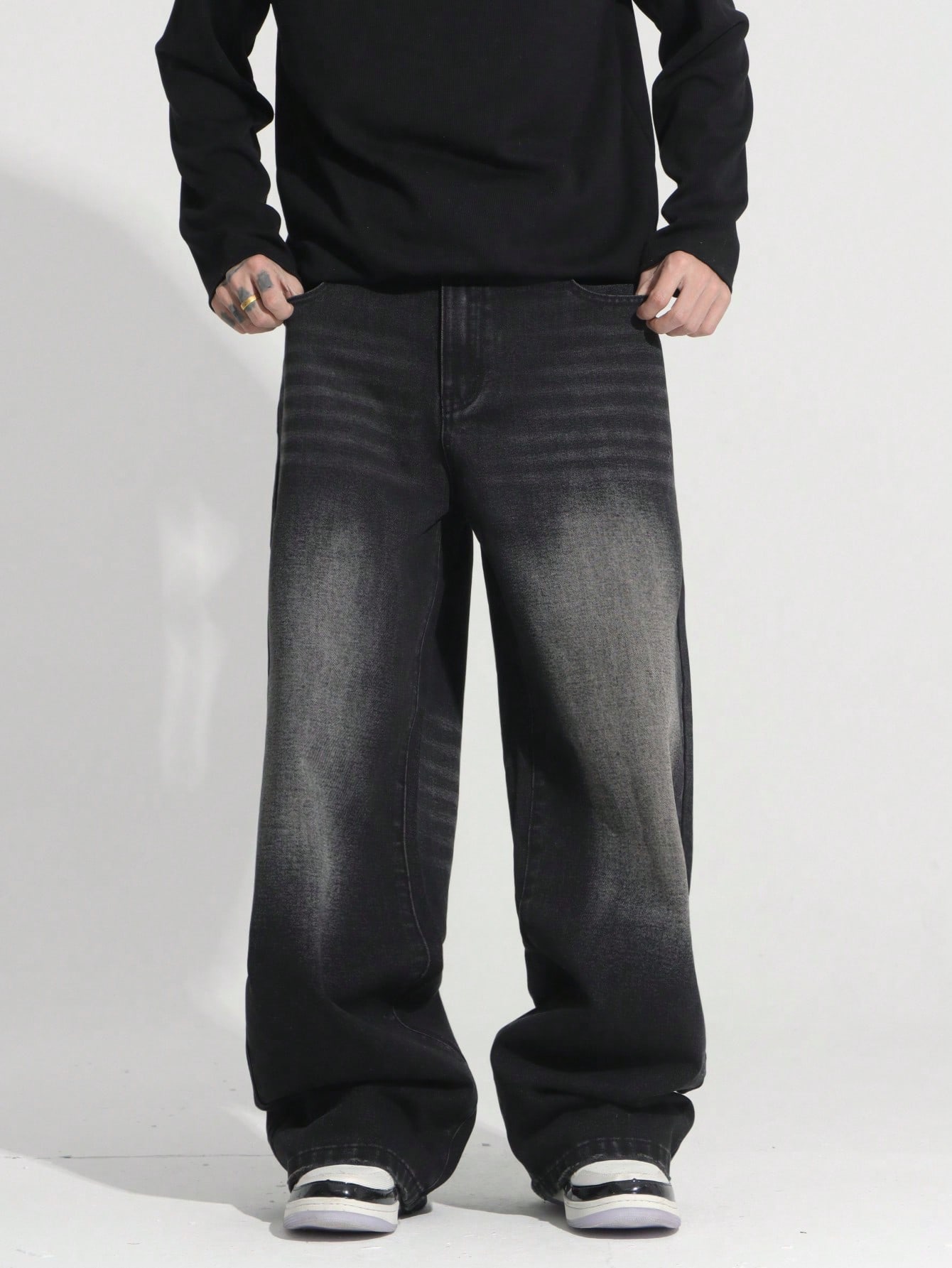 قطعة واحدة جينز واسع الساق أمريكي بغسل أنيق، ألبسة...