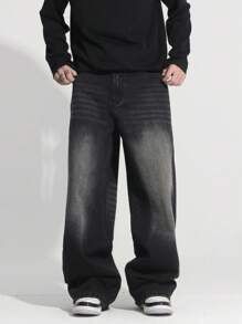 1 件男士时尚水洗美式街头风宽松阔腿牛仔裤，垃圾摇滚 - 黑色 - 查看 5