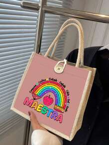Maestra Rainbow Printed Tote Bag, Linen Tote Bag, Travel Bag Essential, Large Capacity Handbag, Letter Printed Shopping Bag, Women's Gift, Teacher's Day Gift, Suitable For School, University, Work, Business, Commuting, Outdoor, Travel, Holidays, Teachers' Day, Gifts For Teachers
