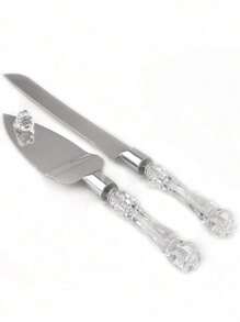 2 件套婚礼蛋糕切具套装，包括不锈钢刀片蛋糕刀和服务器，银色，带亚克力仿水晶手柄，非常适合婚礼、新娘送礼会、周年纪念、乔迁和生日礼物