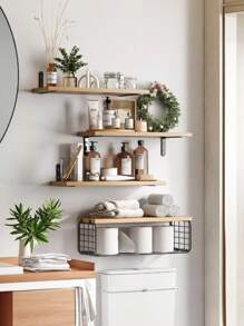 Floating Wall Shelf 4 Tier Shelf For Bathroom Kitchen Bedroom Light Color - Brown - View 7