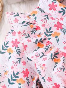 女童长袖翻领花卉印花网眼连衣裙（带腰带） - 粉色 - 查看 4