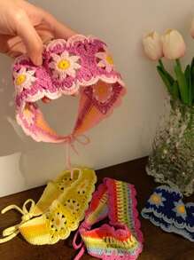 1 pièce Bandeau long en tricot orné de fleurs pour femmes, style boho chic, imprimé floral, look bohème doux et décontracté. Convient pour le port quotidien et les sorties printanières