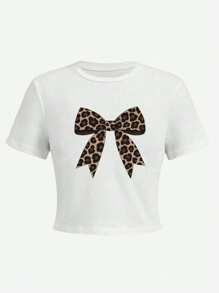 Leopard Print Bow Pattern Slim Short Sleeve Round Neck Top Women's Graphic T-Shirt, Animal Print Tshir,Suitable For Spring And Summer