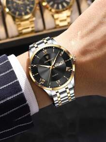 1 pieza Reloj de pulsera de cuarzo de acero inoxidable dorado con estilo de negocios para hombres, con calendario de semana y doble pantalla, resistente al agua 30M, función de manecillas luminosas, reloj casual para hombres con estuche, juego de regalo para hombres