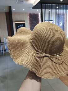 1pc Stylish Ruffled Straw Sun Hat For Outdoor Beach Vacations - Bandage Design With Pearl Pendant,Perfect Fashionable Accessory!