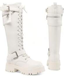 Women's Combat Riding Platform Knee High Boots, Lace Up Fall Lug Sole Gothic Motorcycle Boots With Inside Zipper, 2025 Style - White - View 5