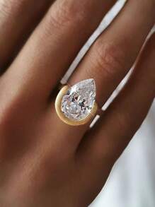 1pc Zirconia Teardrop Pigeon Egg Ring, Gilded Textured Exaggerated Vintage Copper Gold Ring Suitable For Women's Daily Wear, Applicable For Anniversary, Wedding, Party, Gathering And Special Occasions Wedding Jewelry Ring - 金色 - 查看 3