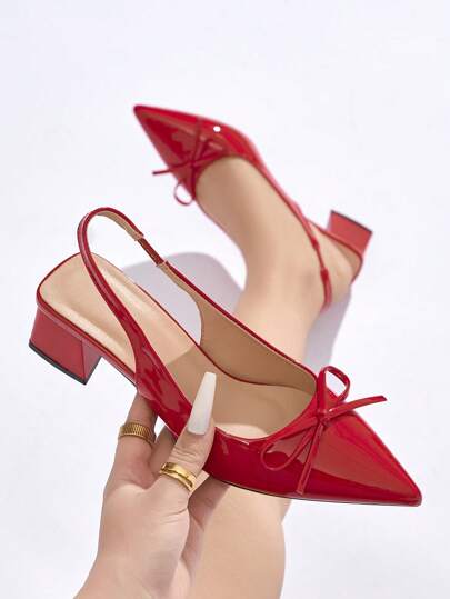 Zapatos de tacón alto con punta cerrada y decoración de lazo en unicolor para mujer, cómodos zapatos de tacón grueso con correa en el talón, adecuados para eventos elegantes, diarios, de oficina y formales en otoño/invierno, color rojo, elegante