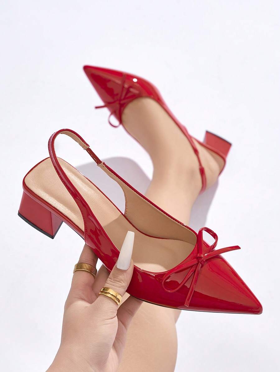 Women's Solid Color Pointed Toe Closed Toe Bow Decor High Heel Shoes, Comfortable Slingback Thick Heel Fashion Pumps, Suitable For Elegant Daily, Commute, Party, Formal Events In Autumn/Winter, Red,Elegant