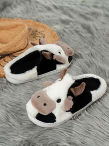 Cow Pattern Thermal Slippers, Warm Fluffy Anti-Slip Couple House Slippers, Winter - White - View 4