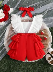 Infants Girls' Strawberry Embroidered Romper With Ruffle Hem & Headband, Cute Summer - Red - View 2