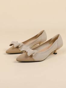 女士尖头一脚蹬针织纯色平底鞋，新款可爱蝴蝶结装饰休闲大码法式 4 厘米小猫高跟鞋，适合搭配连衣裙，风格可爱 - 杏卡其 - 查看 5