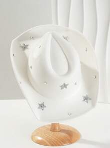 1 件男女通用毡牛仔帽，带有独特的星形镶嵌宝石装饰，波西米亚和朋克风格圆帽，优雅美观，适合主题派对、西方庆典、聚会、角色扮演、毕业典礼、化妆舞会、节日、婚礼、生日、音乐节 - 星星 - 查看 9