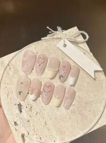 10 sztuk ręcznie robionych francuskich naklejek na paznokcie z motywem księżniczki zbiegłej, delikatny różowy kokardka i serduszko z frędzlami, do naklejania na paznokcie, artykuły do paznokci, paznokcie